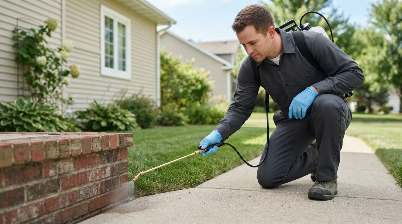 Pest control technician treating a home near West Plains, MO